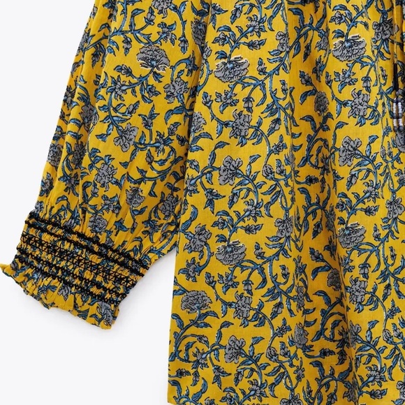 ZARA Floral Print Smocked Tie Neck Blouse Mustard/Blue Sz XLarge Boho Cotton - Picture 5 of 16